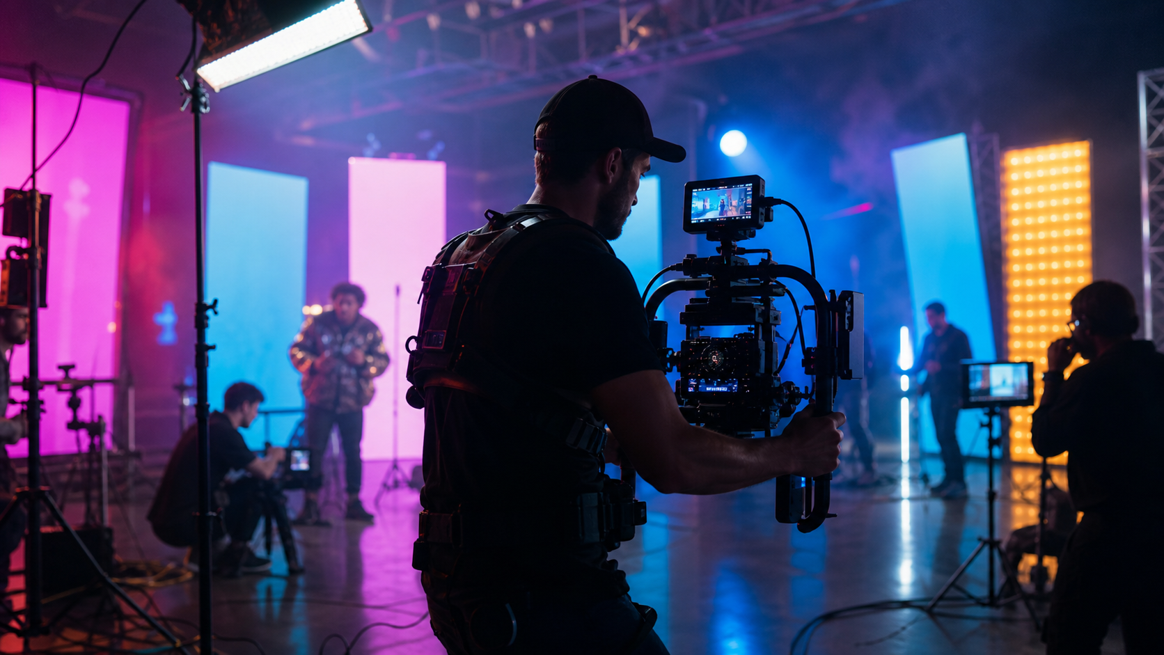 Set di un videoclip con LED colorati e operatore al gimbal